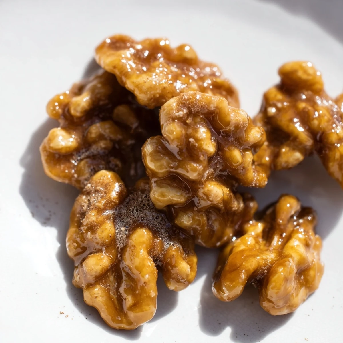 Golden maple cinnamon walnuts glistening with a sticky sweet glaze on parchment paper