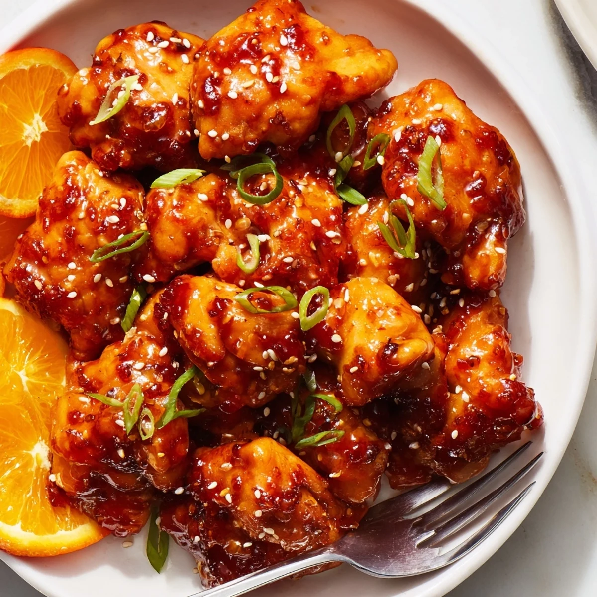 Glossy baked orange chicken glazed in a sticky, caramelized sweet-tangy sauce