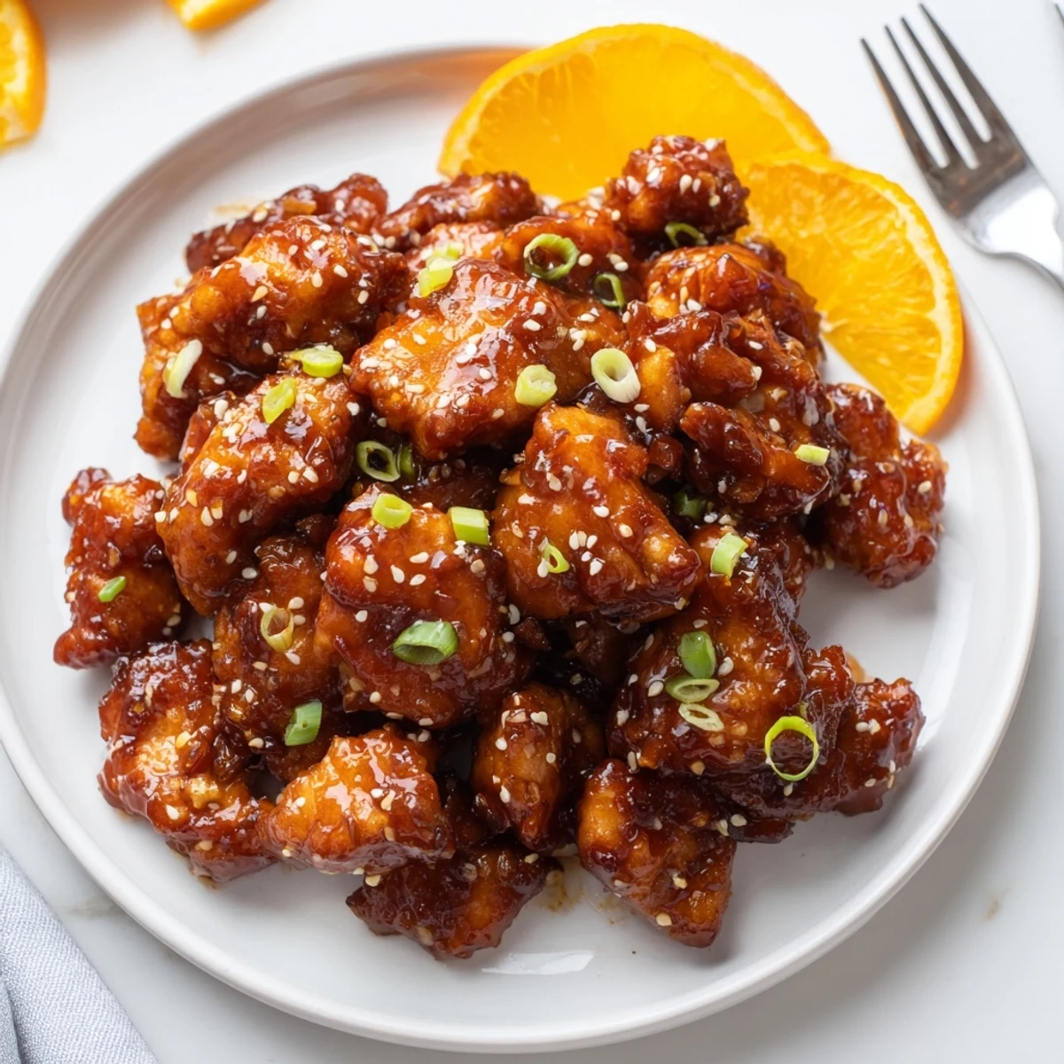 Golden baked orange chicken pieces coated in vibrant citrus sauce with sesame seeds