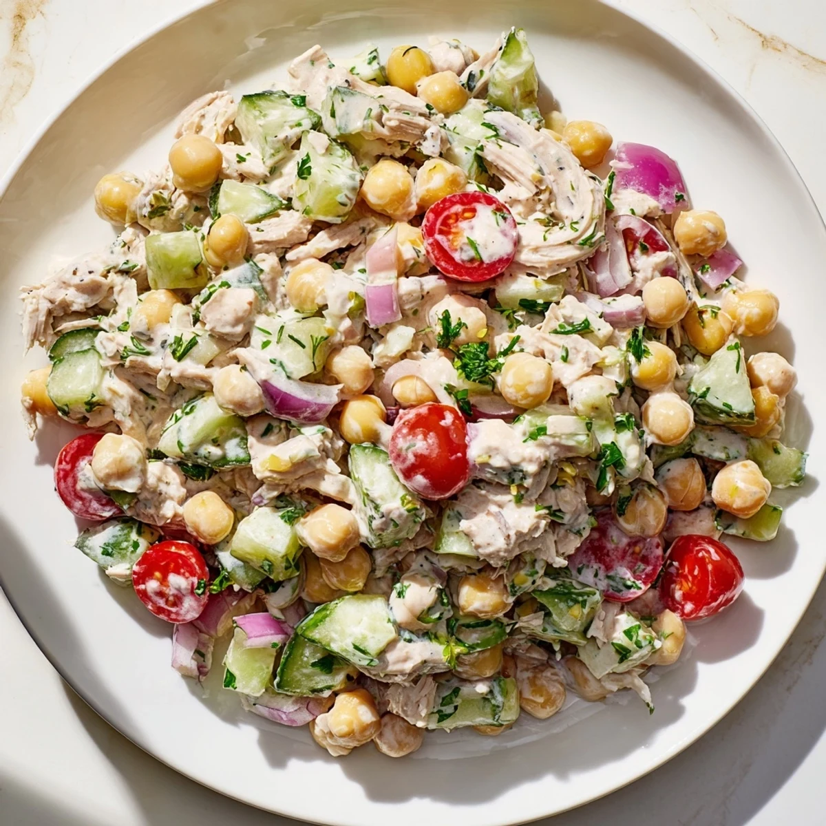 Creamy tuna chickpea cucumber salad heaped in a bowl with fresh parsley