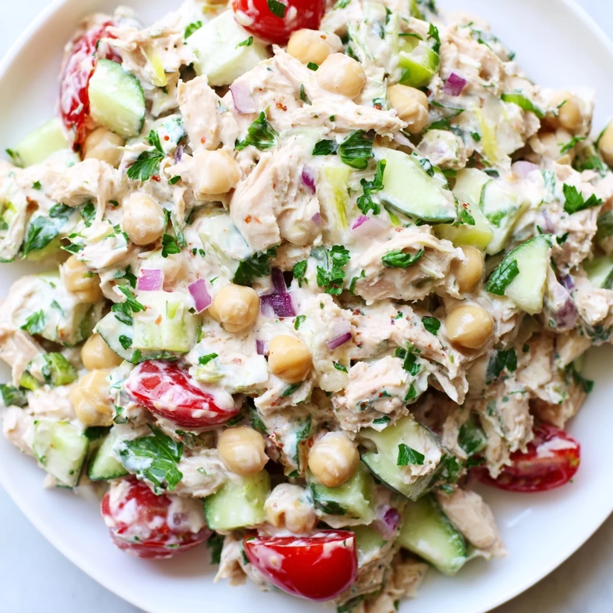 Spoonful of creamy tuna chickpea cucumber salad served over crisp lettuce leaves