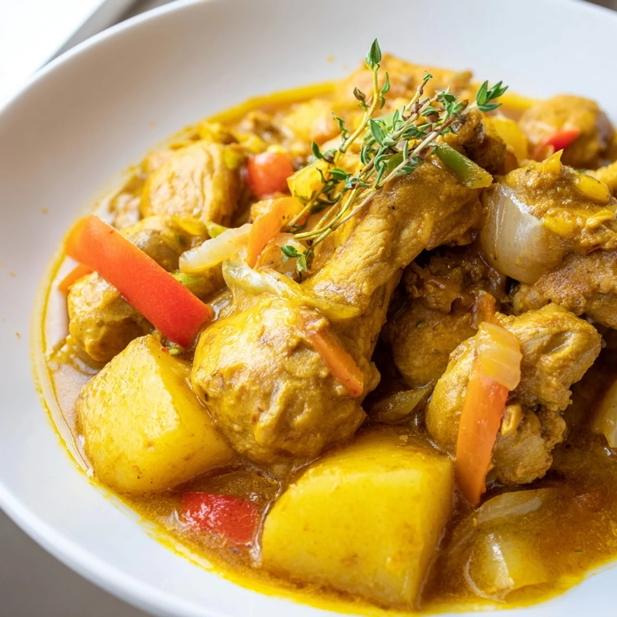 Authentic Jamaican Curry Chicken simmering in a rich golden sauce with tender potatoes and fresh herbs