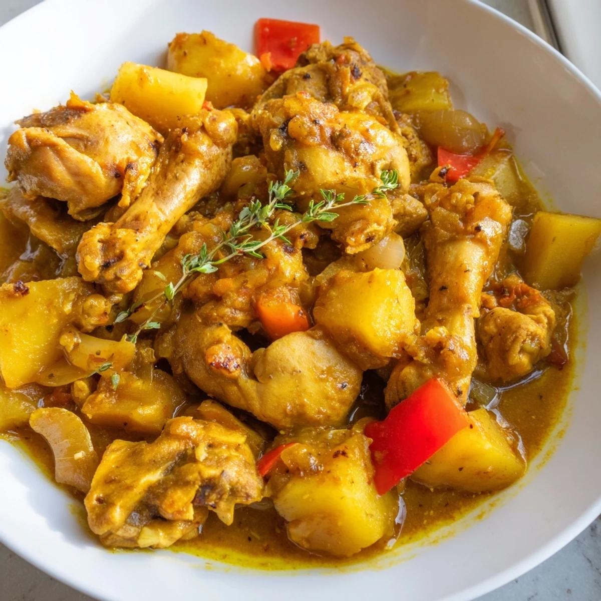 A warm bowl of Authentic Jamaican Curry Chicken served over fluffy white rice with scallions