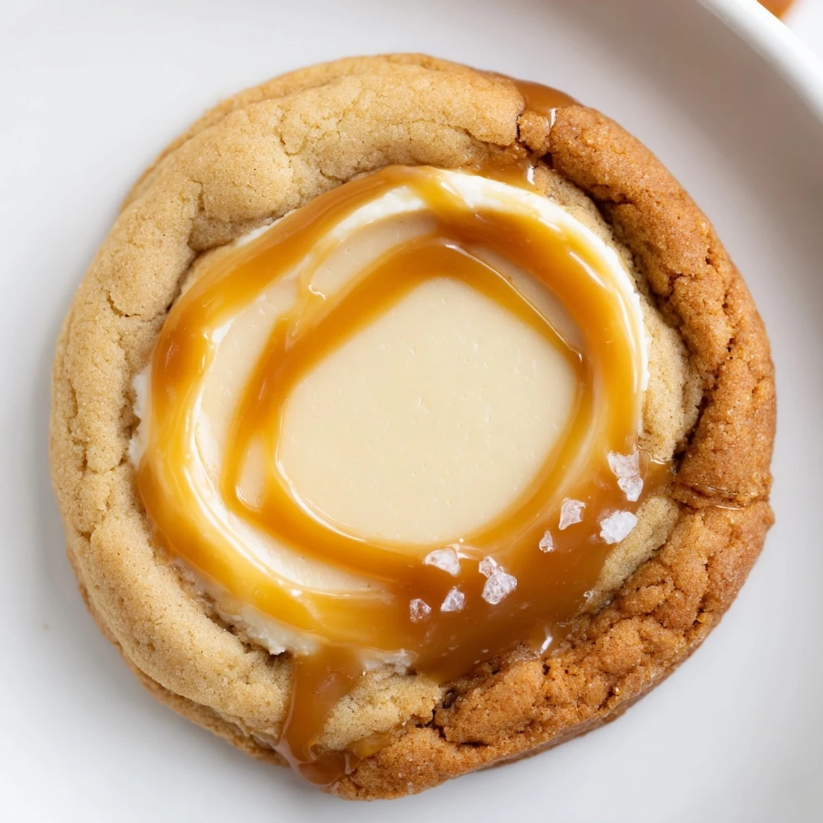 Golden caramel drizzled over soft caramel cheesecake cookies on a rustic baking sheet