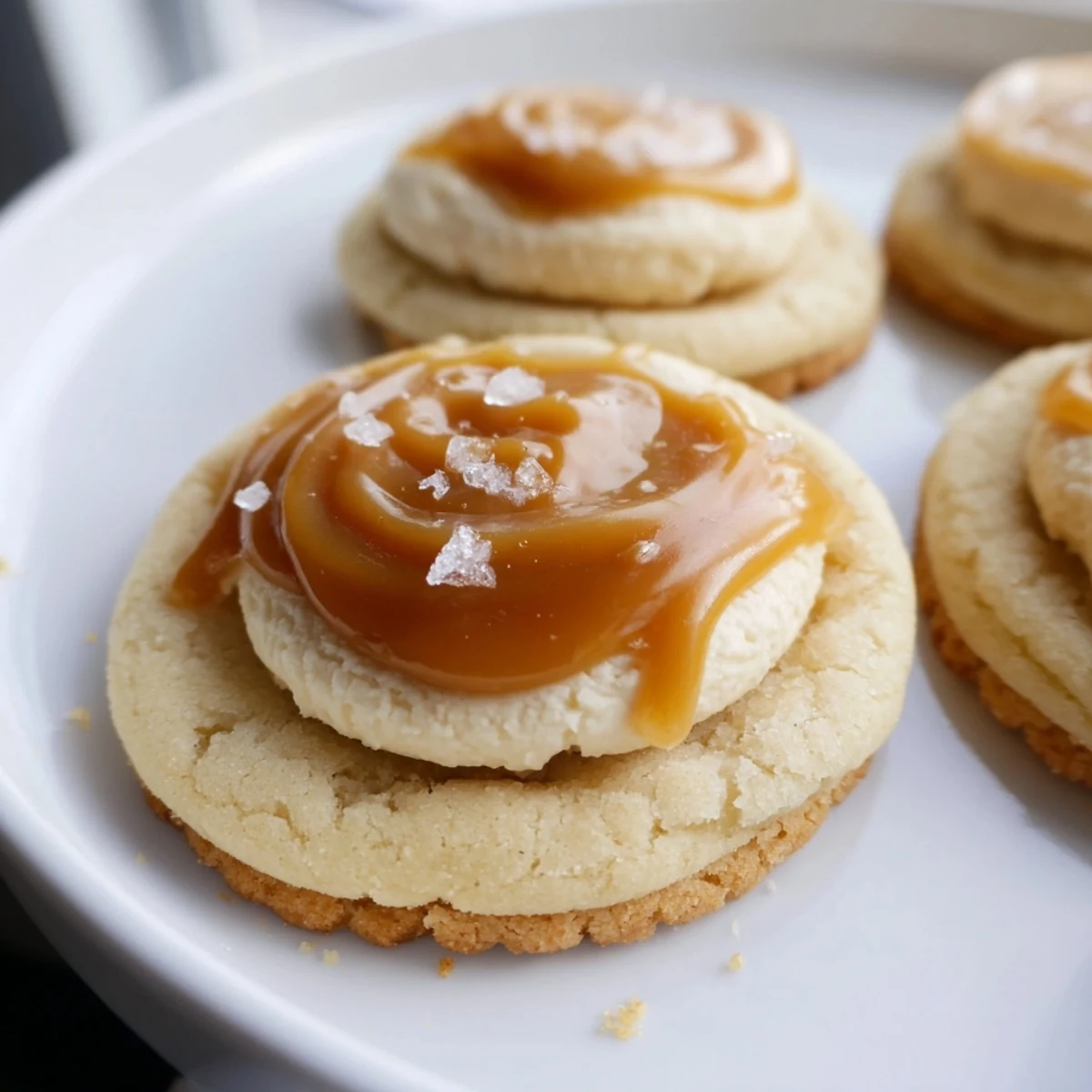 Creamy cheesecake-filled caramel cheesecake cookies cooling on a wire rack with caramel swirls