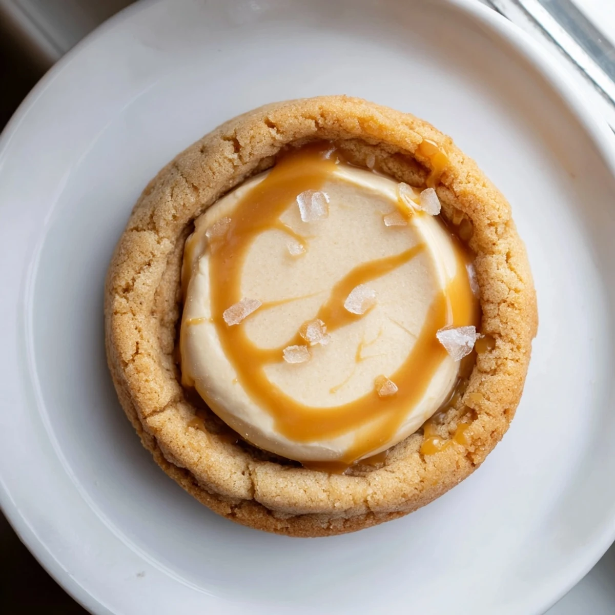 Warm caramel sauce dripping down freshly baked caramel cheesecake cookies topped with sea salt