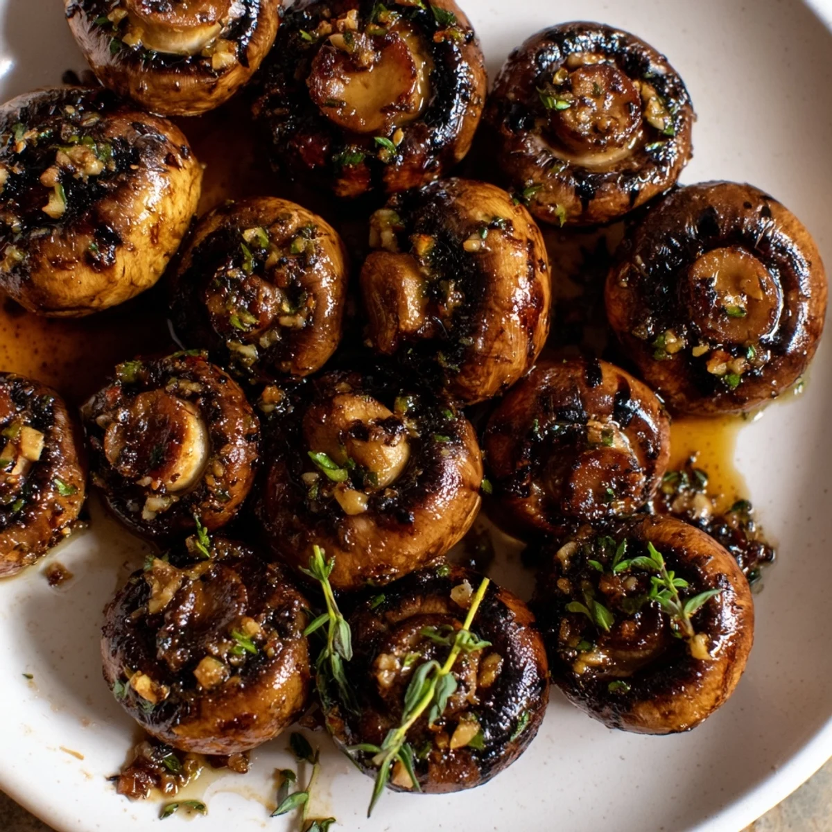 Juicy garlic butter grilled mushrooms with charred edges on a rustic platter