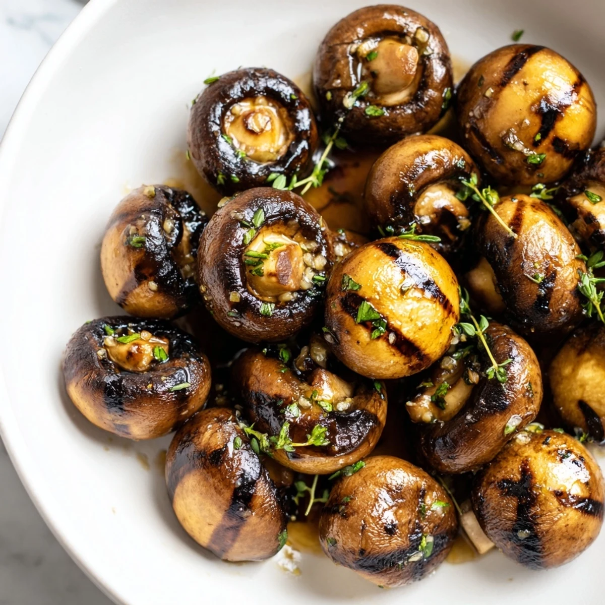 Tender marinated grilled mushrooms coated in rich garlic butter ready to serve