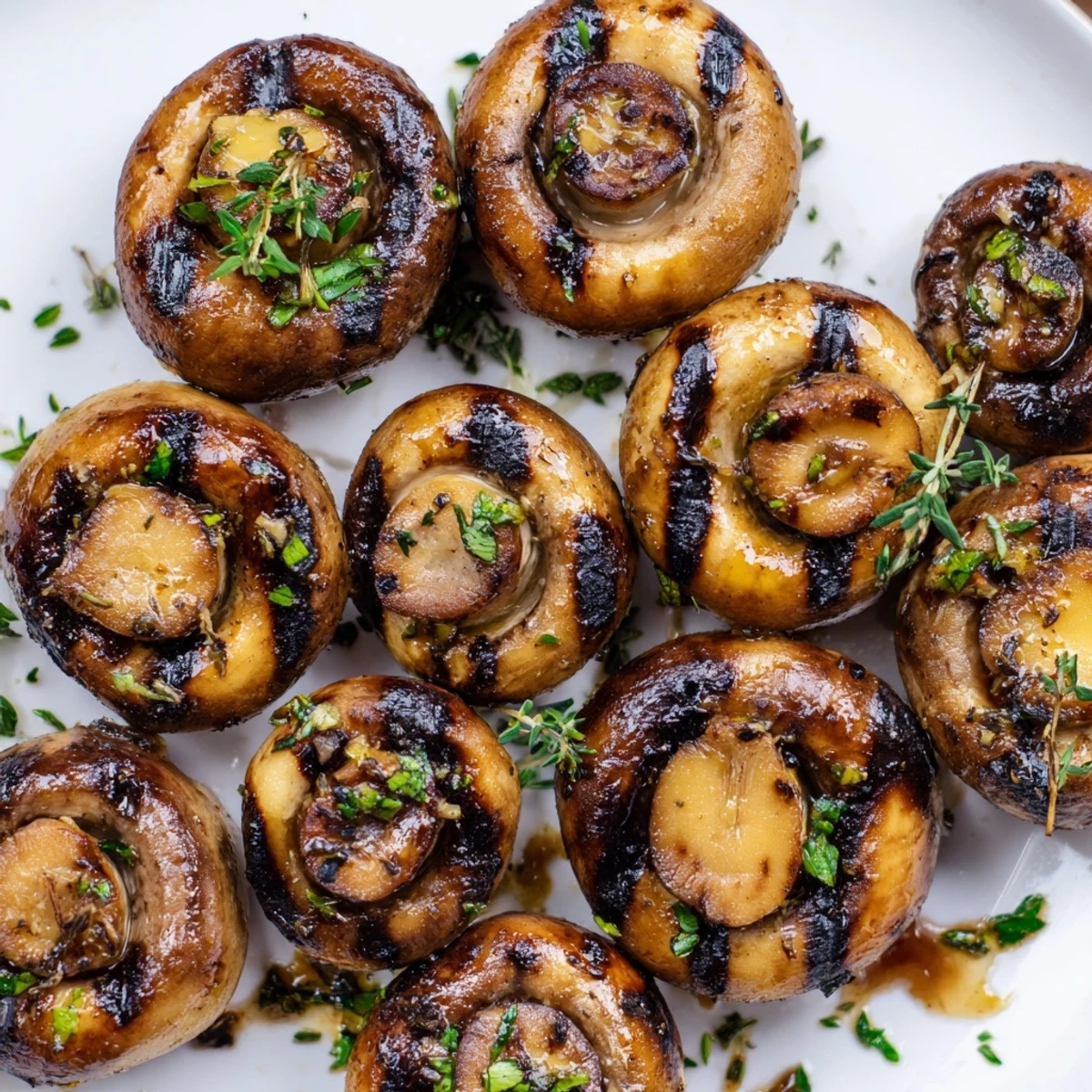 Golden steakhouse style grilled mushrooms glistening with herb butter and fresh parsley
