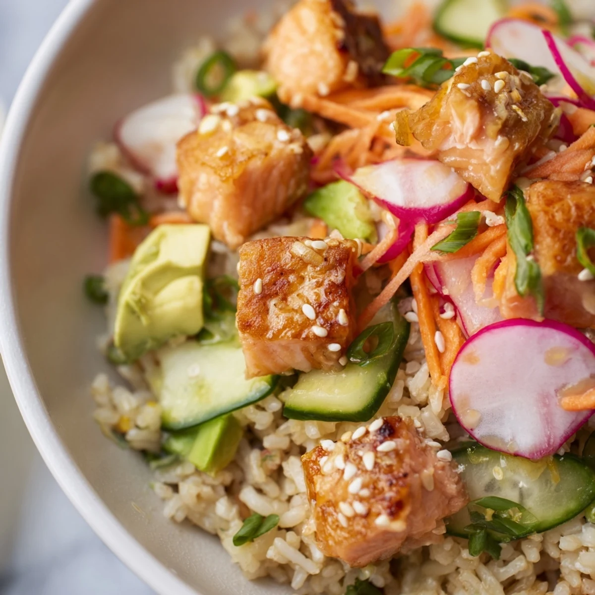 Golden crispy salmon rice salad drizzled with tangy ginger dressing on a platter