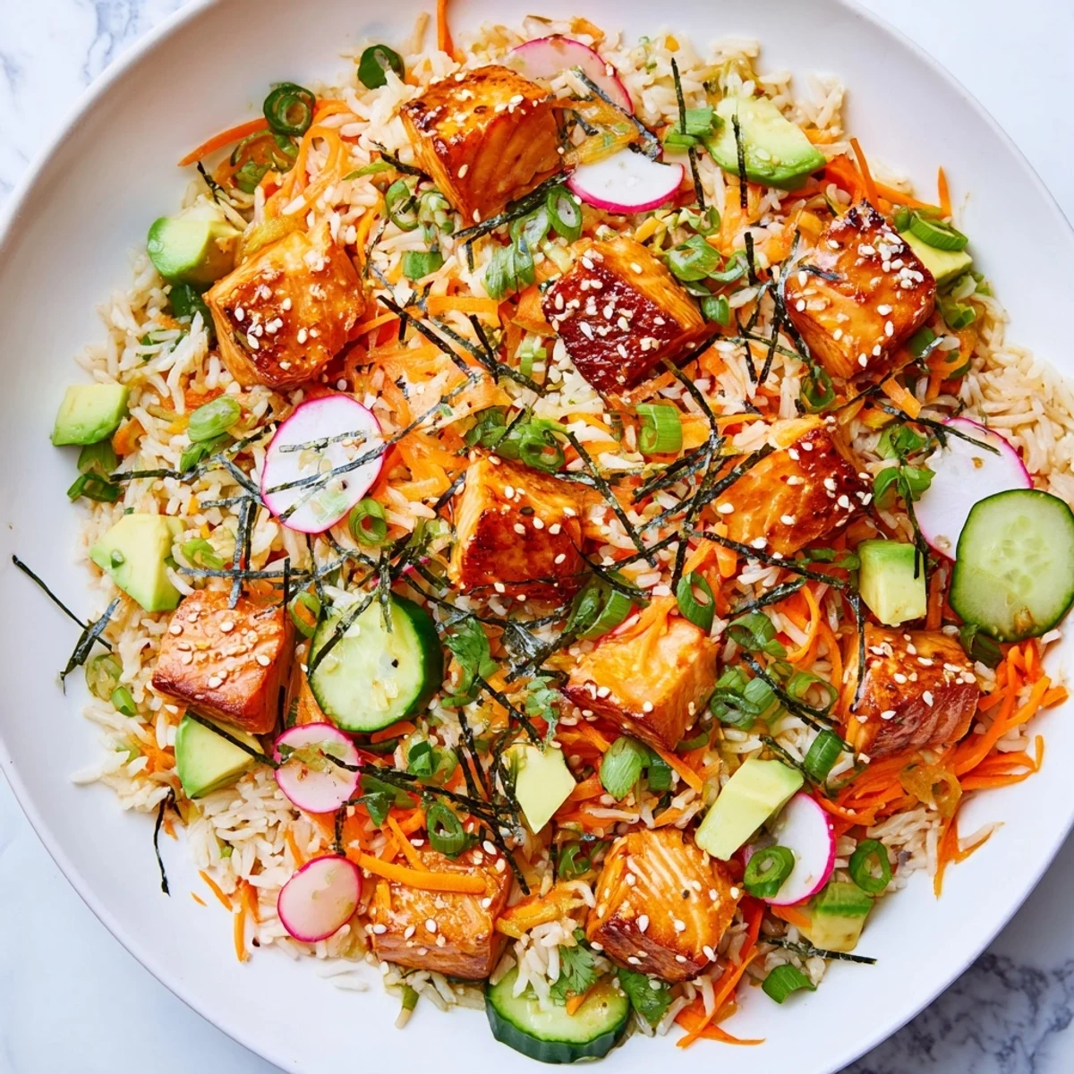 Vibrant crispy salmon rice salad with ginger dressing served alongside colorful julienned vegetables