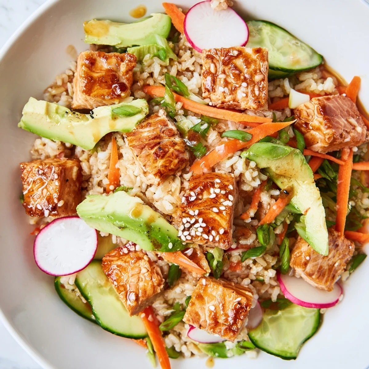 Crispy salmon rice salad with ginger dressing topped with fresh sliced avocado