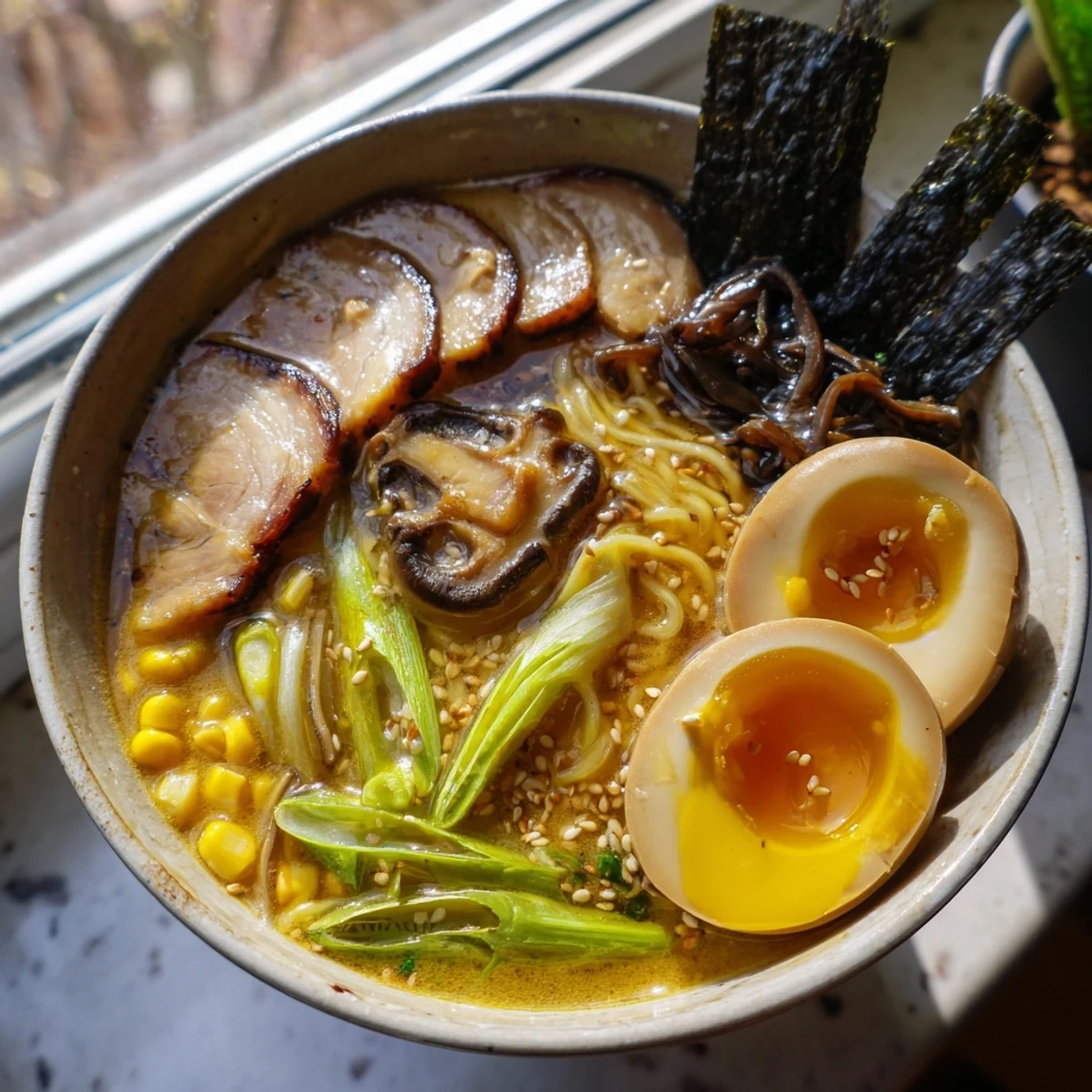 Steaming bowl of homemade ramen with sliced pork, soft-boiled egg, and nori