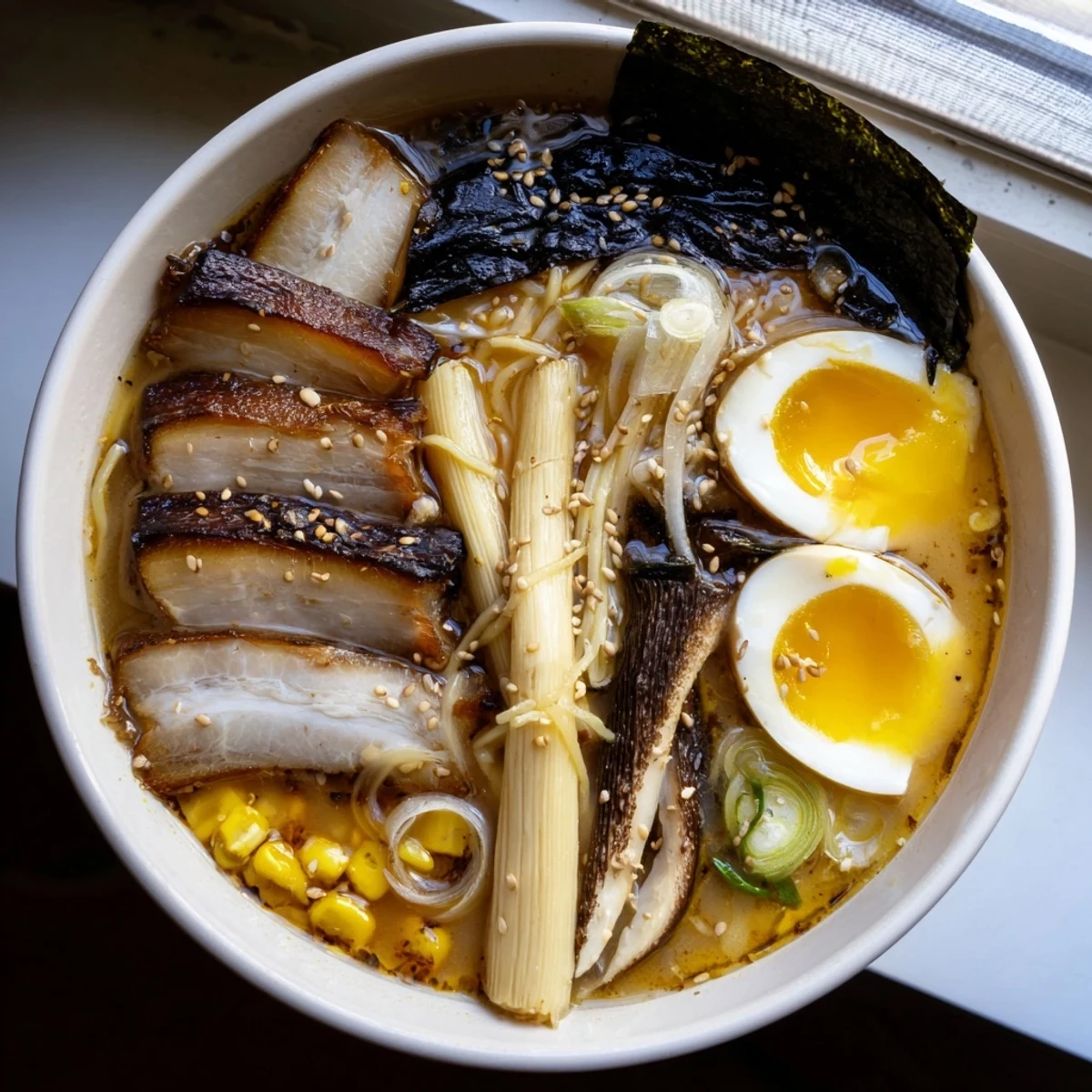 Rich ramen noodle soup topped with mushrooms, spring onions, and sesame seeds