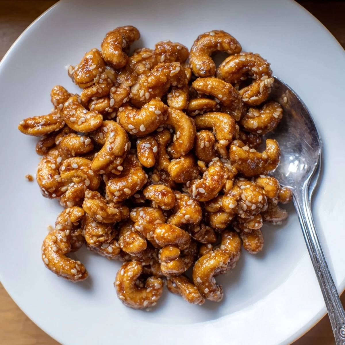 Glistening honey sesame cashews roasted golden and scattered on parchment paper