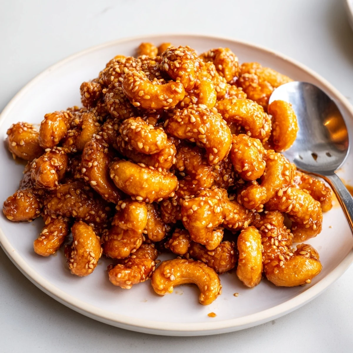 Crunchy honey sesame cashews drizzled in warm amber glaze inside a rustic bowl
