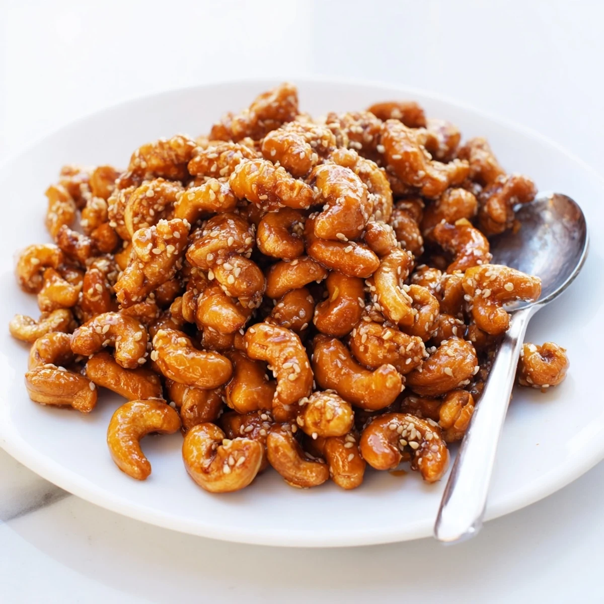 Sweet sticky honey sesame cashews piled high and ready for holiday gifting