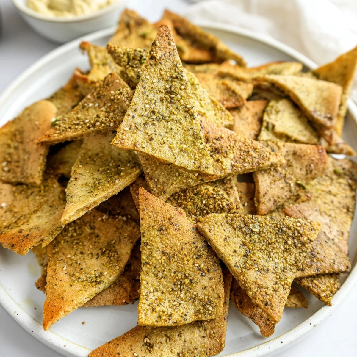 Golden crispy zaatar pita chips sprinkled with fragrant herbs fresh from the oven