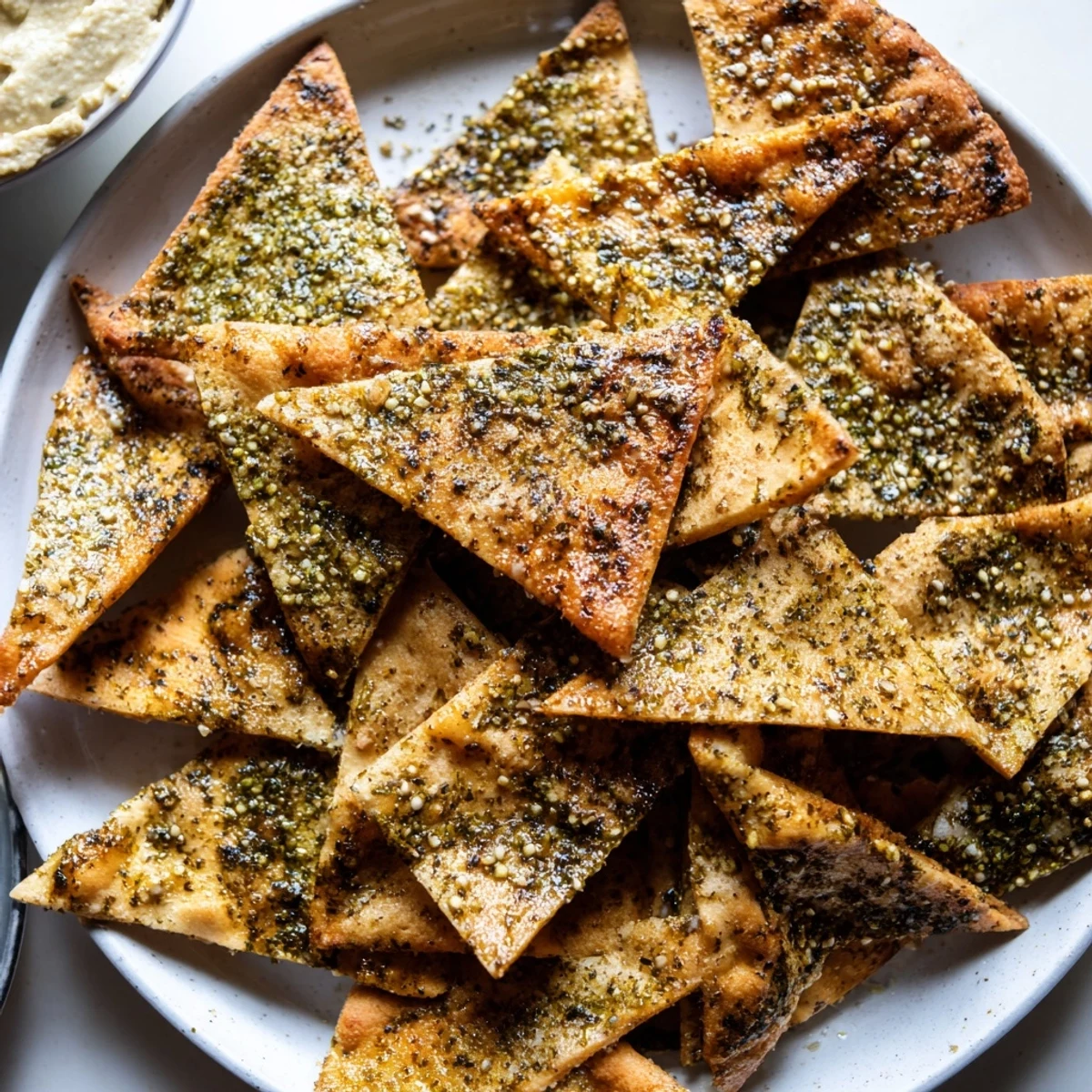 Crunchy baked zaatar pita chips arranged around a creamy bowl of hummus