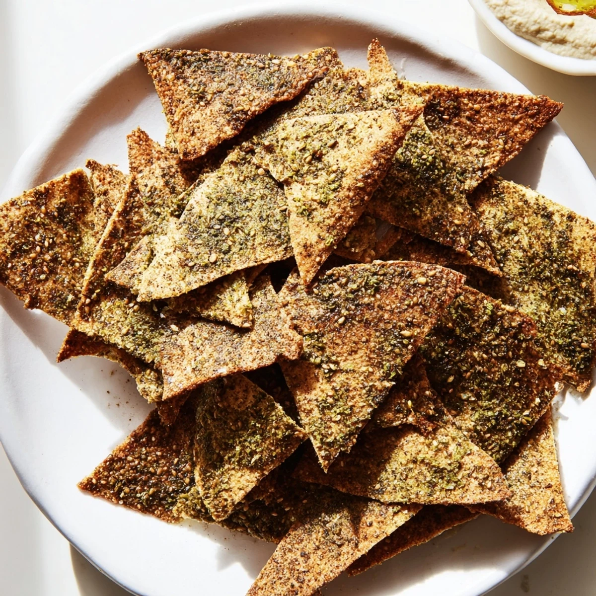 Warm zaatar pita chips with olive oil and spices piled on rustic parchment