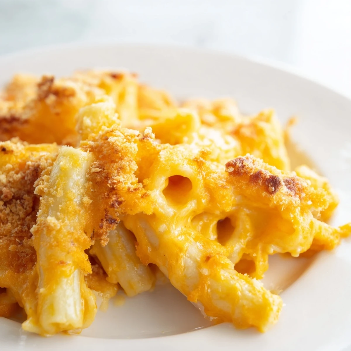 Creamy macaroni cheese with golden breadcrumb topping served in a rustic baking dish