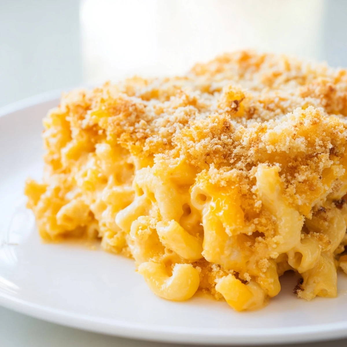Steaming bowl of macaroni cheese with crispy cheese crust perfect for a comforting dinner
