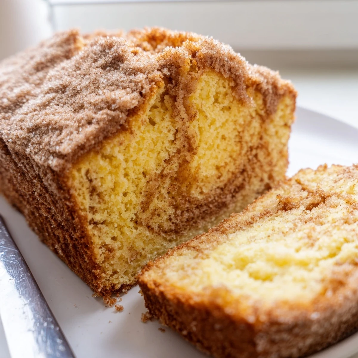 Warm cinnamon donut loaf sliced thick with a golden cinnamon-sugar crust on a rustic cutting board