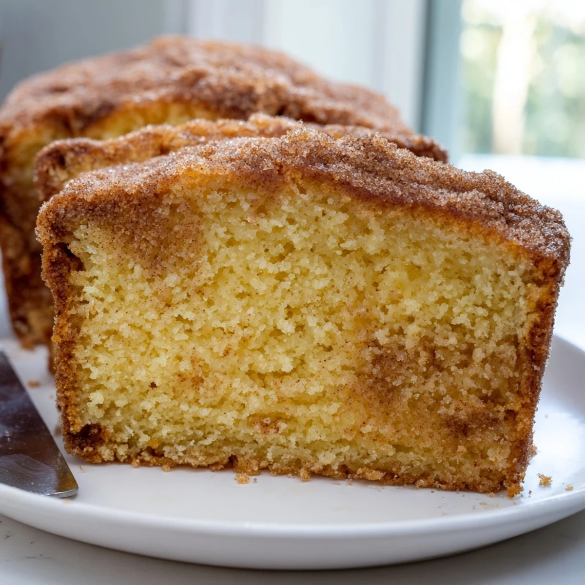 Moist cinnamon donut loaf with buttery crumb and sparkling cinnamon sugar topping served for breakfast