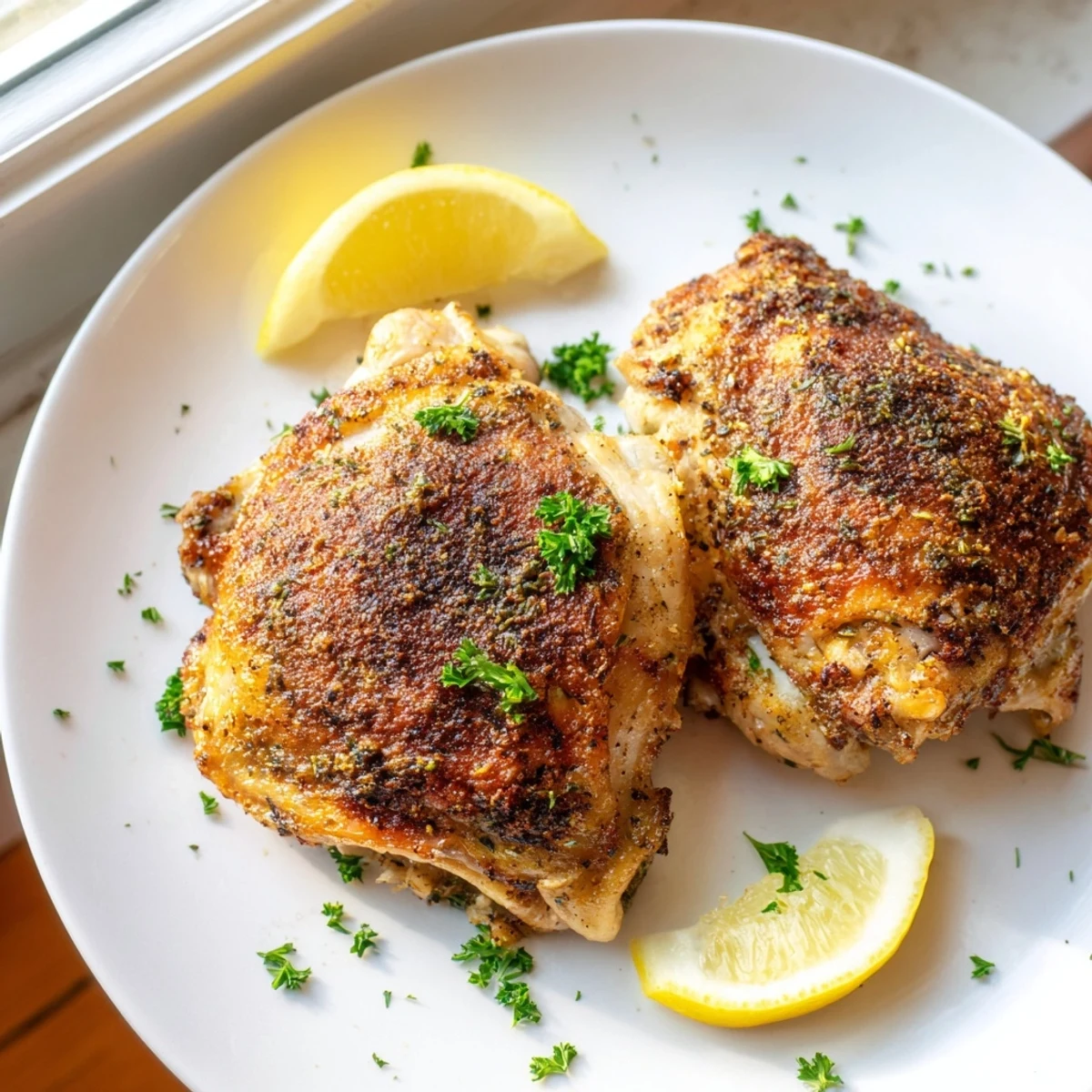 Golden crispy oven baked chicken thighs with herbs on a rustic baking sheet