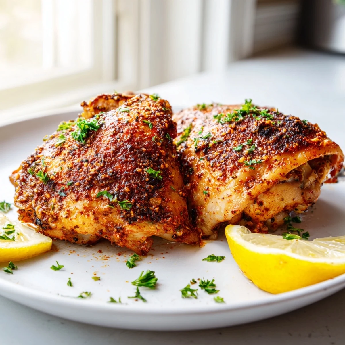 Juicy oven baked chicken thighs garnished with parsley and fresh lemon wedges