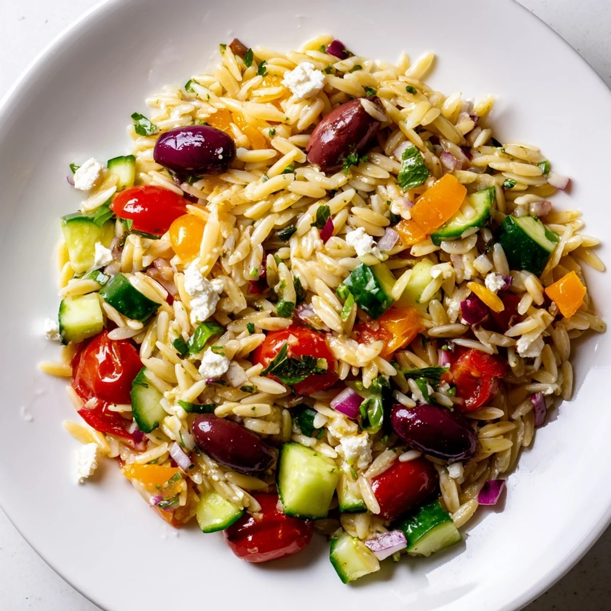 Juicy Mediterranean Orzo Pasta Salad tossed with vibrant veggies and crumbled feta in a zesty lemon dressing