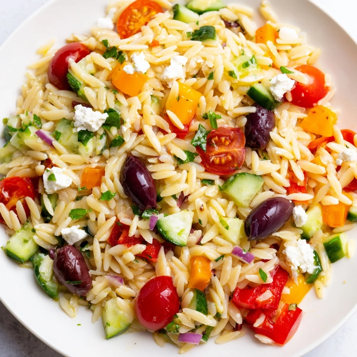 Bright bowl of Juicy Mediterranean Orzo Pasta Salad featuring cherry tomatoes, olives, and fresh herbs
