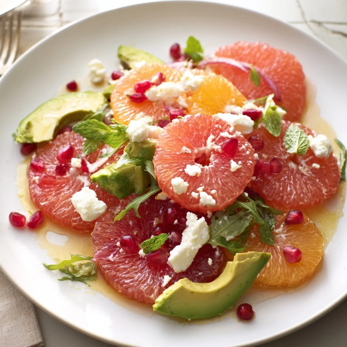 Colorful citrus salad with pomegranate jewels, creamy avocado slices, and crumbled feta on a platter.