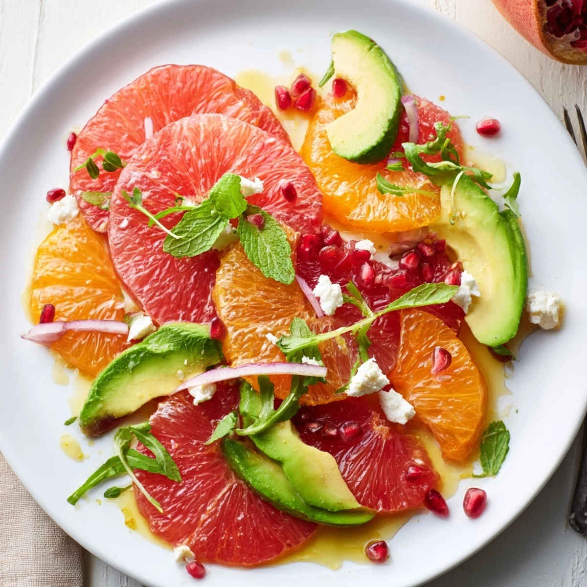 Bright citrus salad topped with ruby pomegranate seeds, velvety avocado, and tangy feta crumbles.