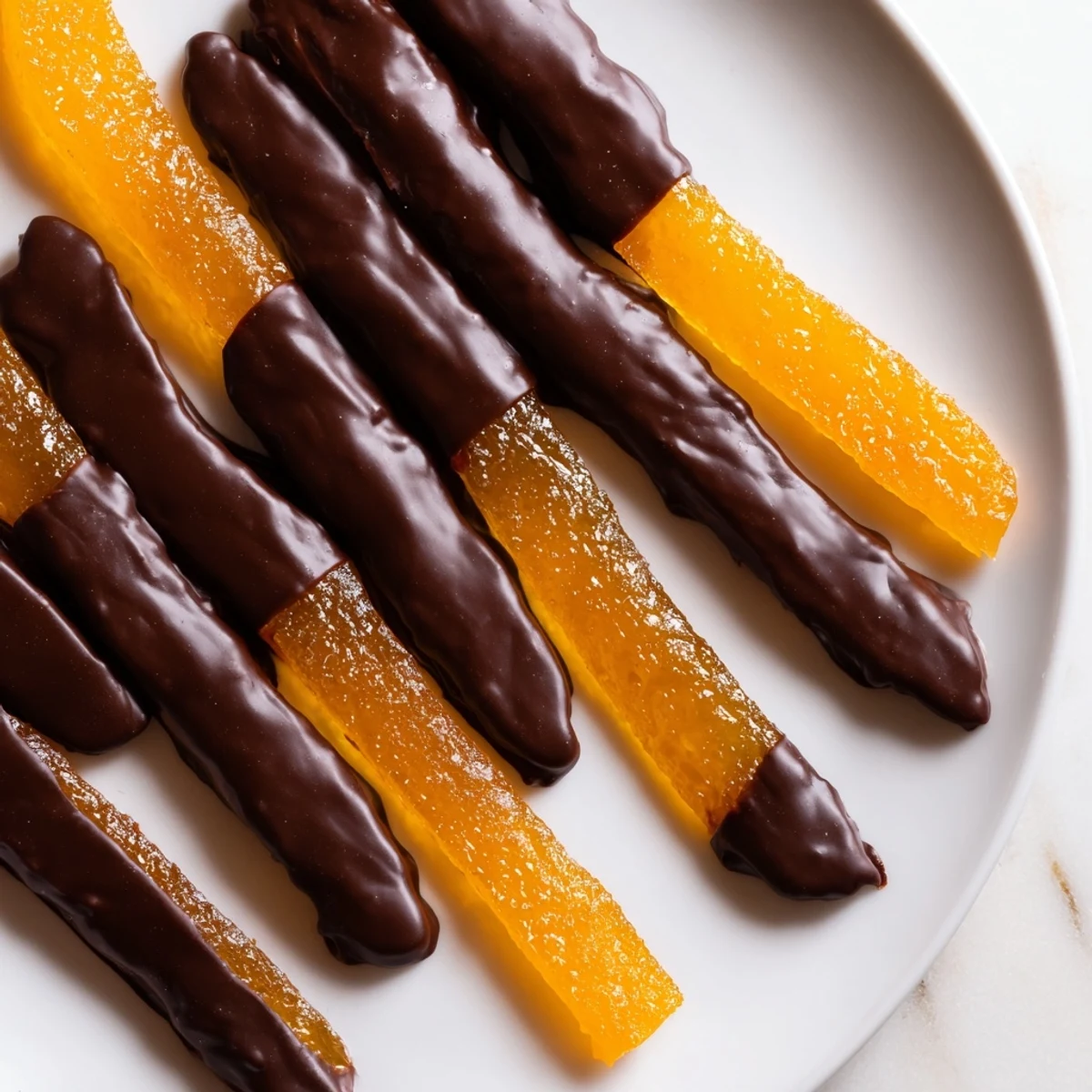 Glistening chocolate covered orange peels arranged on parchment paper with rich dark coating