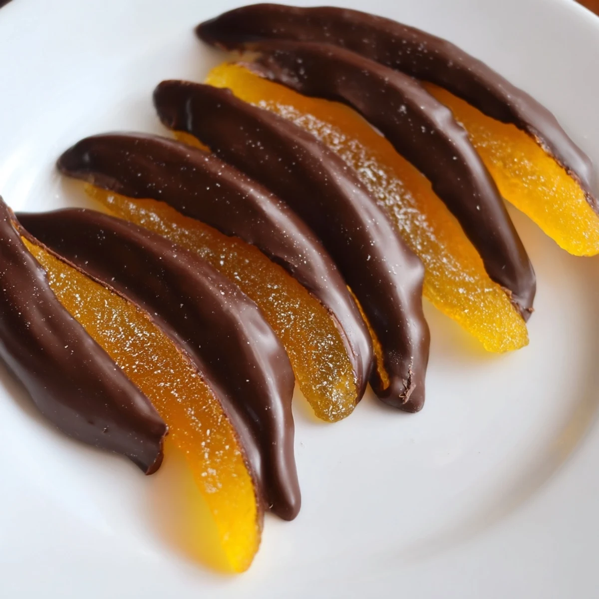 Candied chocolate covered orange peels drizzled with melted dark chocolate on a wire rack
