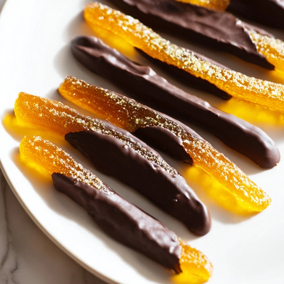 Golden chocolate covered orange peels dusted with sugar beside a steaming espresso cup