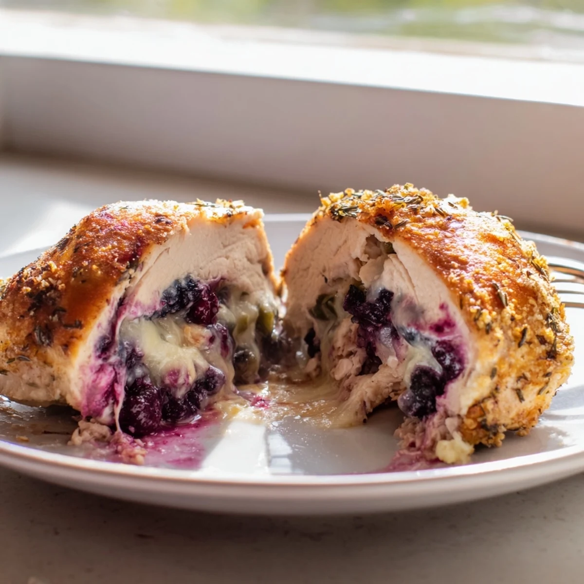 Juicy blackberry jalapeno stuffed chicken oozing with creamy purple berry filling