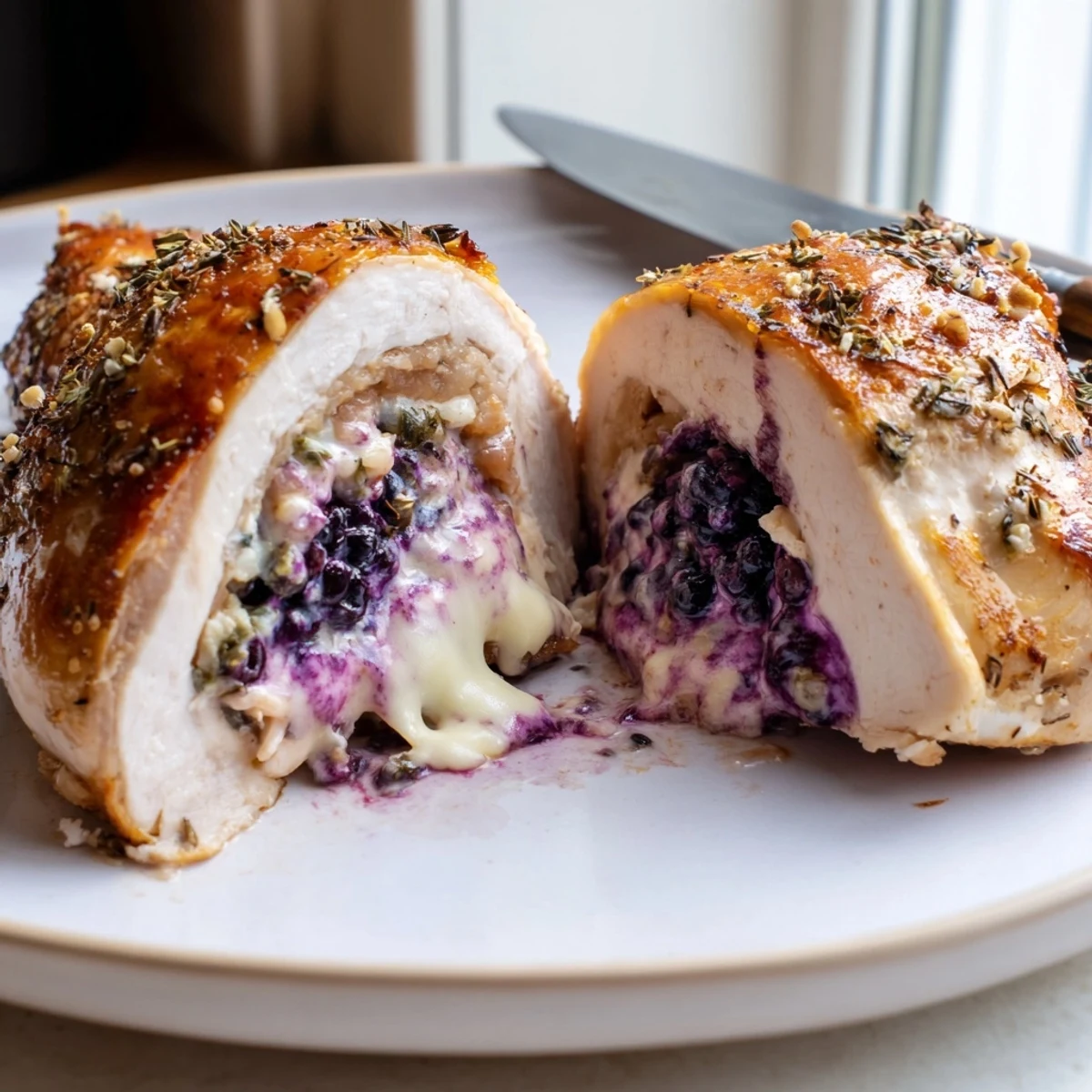 Golden baked blackberry jalapeno stuffed chicken with melted cheese bubbling from inside