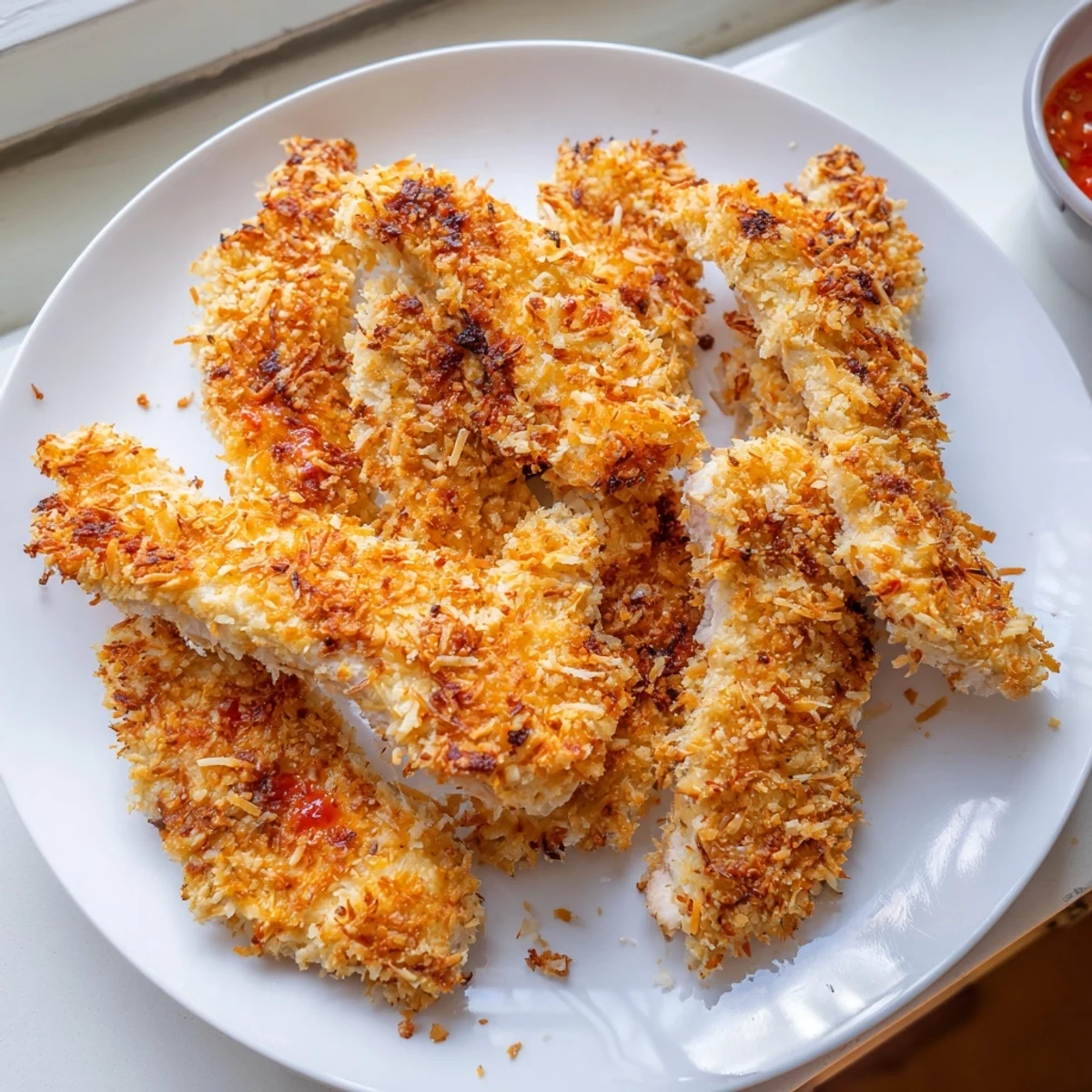Crunchy Coconut Chicken served on a platter with sweet chili dipping sauce