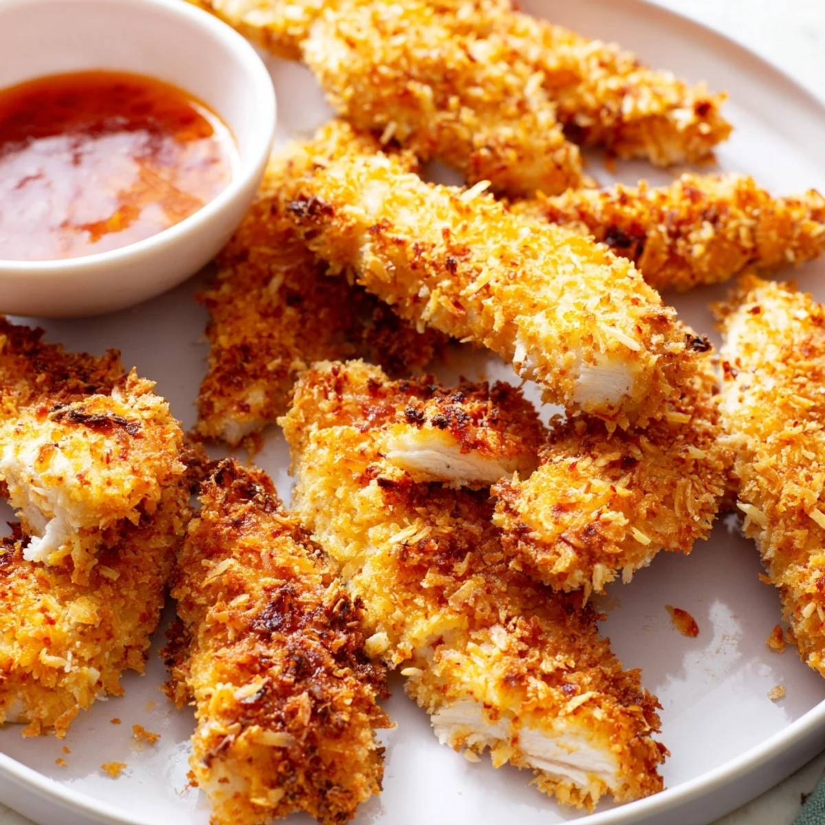 Golden Crunchy Coconut Chicken strips fresh from the skillet with crispy edges