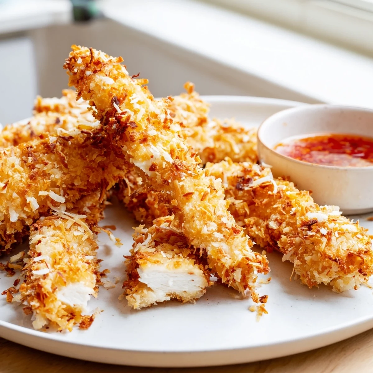 Close-up of Crunchy Coconut Chicken revealing a juicy interior and toasted coconut crust