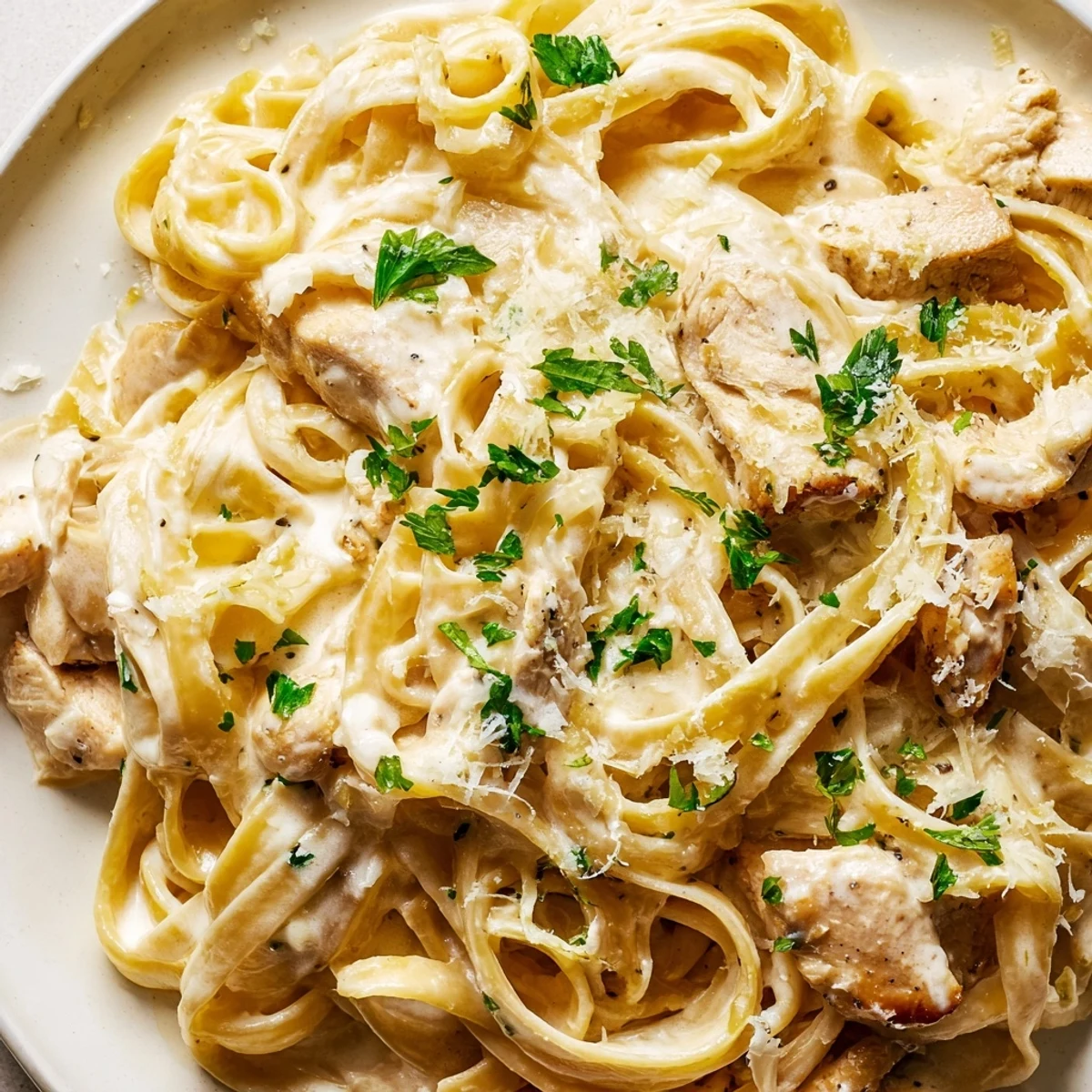 Creamy Garlic Parmesan Chicken Pasta served in a white bowl with fresh parsley garnish