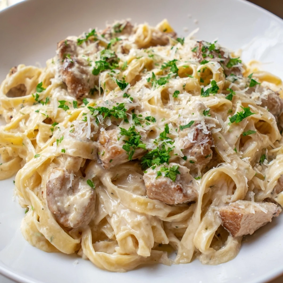 Steaming plate of Creamy Garlic Parmesan Chicken Pasta coated in rich velvety sauce