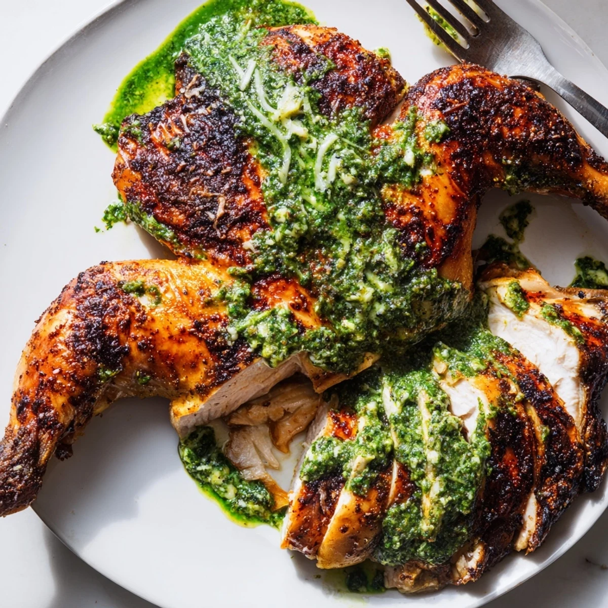 Golden roasted Peruvian Chicken Delight with crispy skin and vibrant green sauce