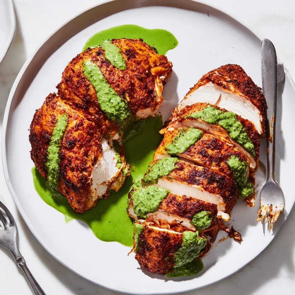 Juicy sliced Peruvian Chicken Delight plated alongside creamy cilantro aji verde