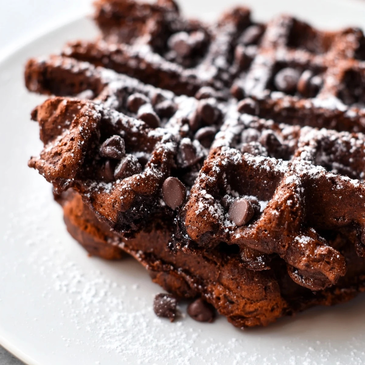 Warm fudgy brownie waffles with crisp edges topped with melting chocolate chips