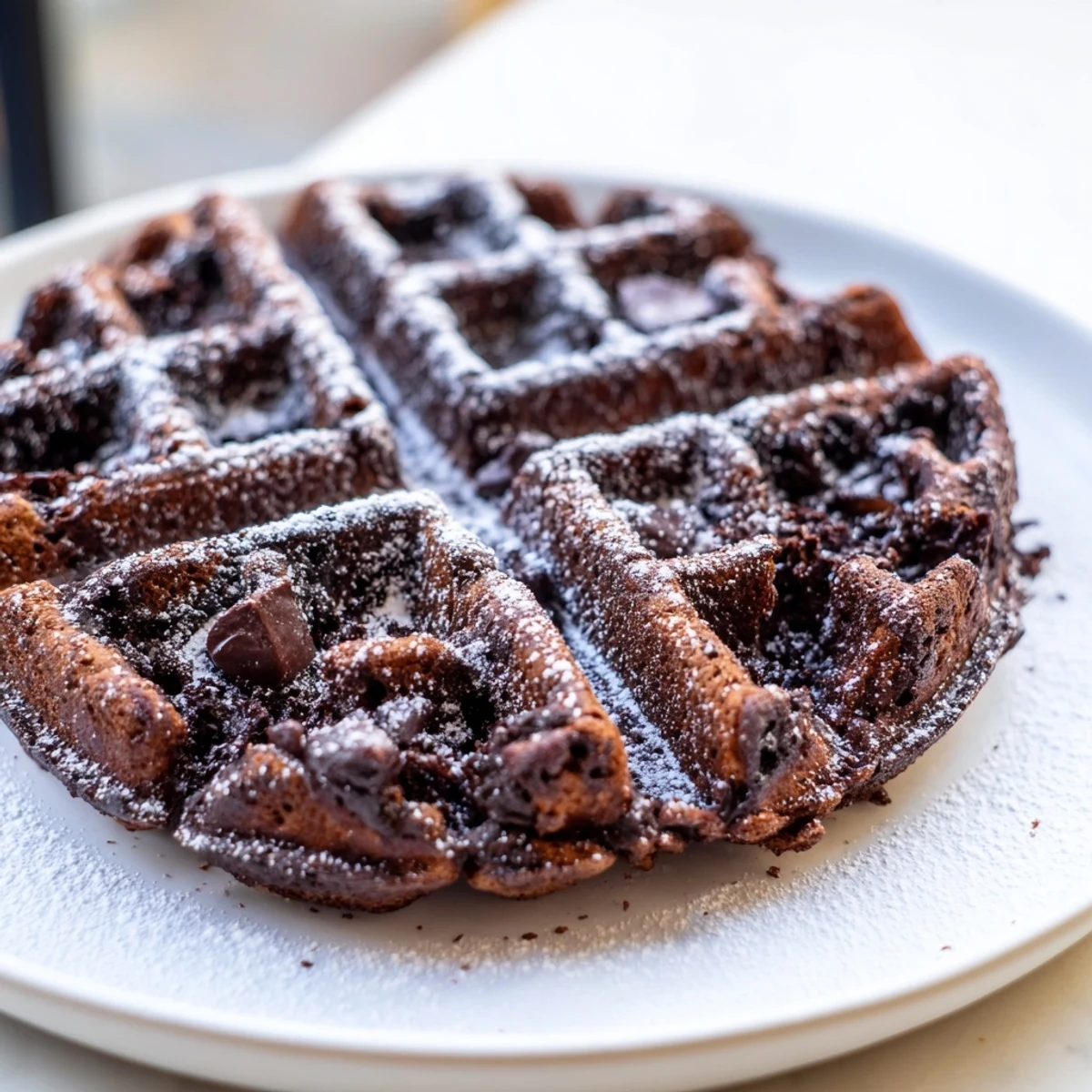 Decadent fudgy brownie waffles served warm with a dusting of powdered sugar