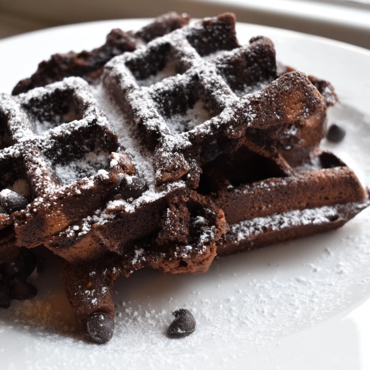 Thick fudgy brownie waffles fresh off the iron with gooey centers