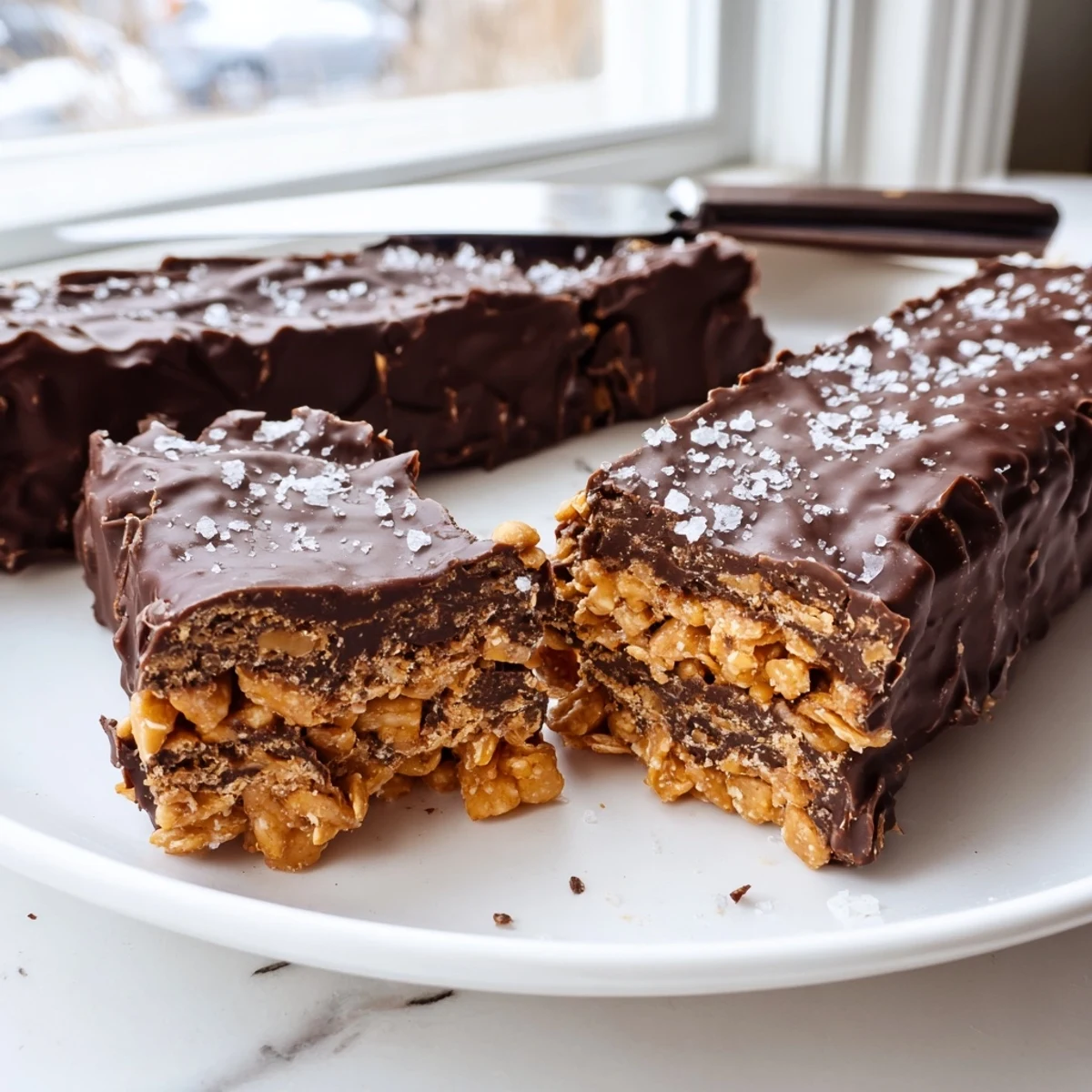 Healthy Homemade Butterfingers bars dipped in glossy dark chocolate on a rustic cutting board